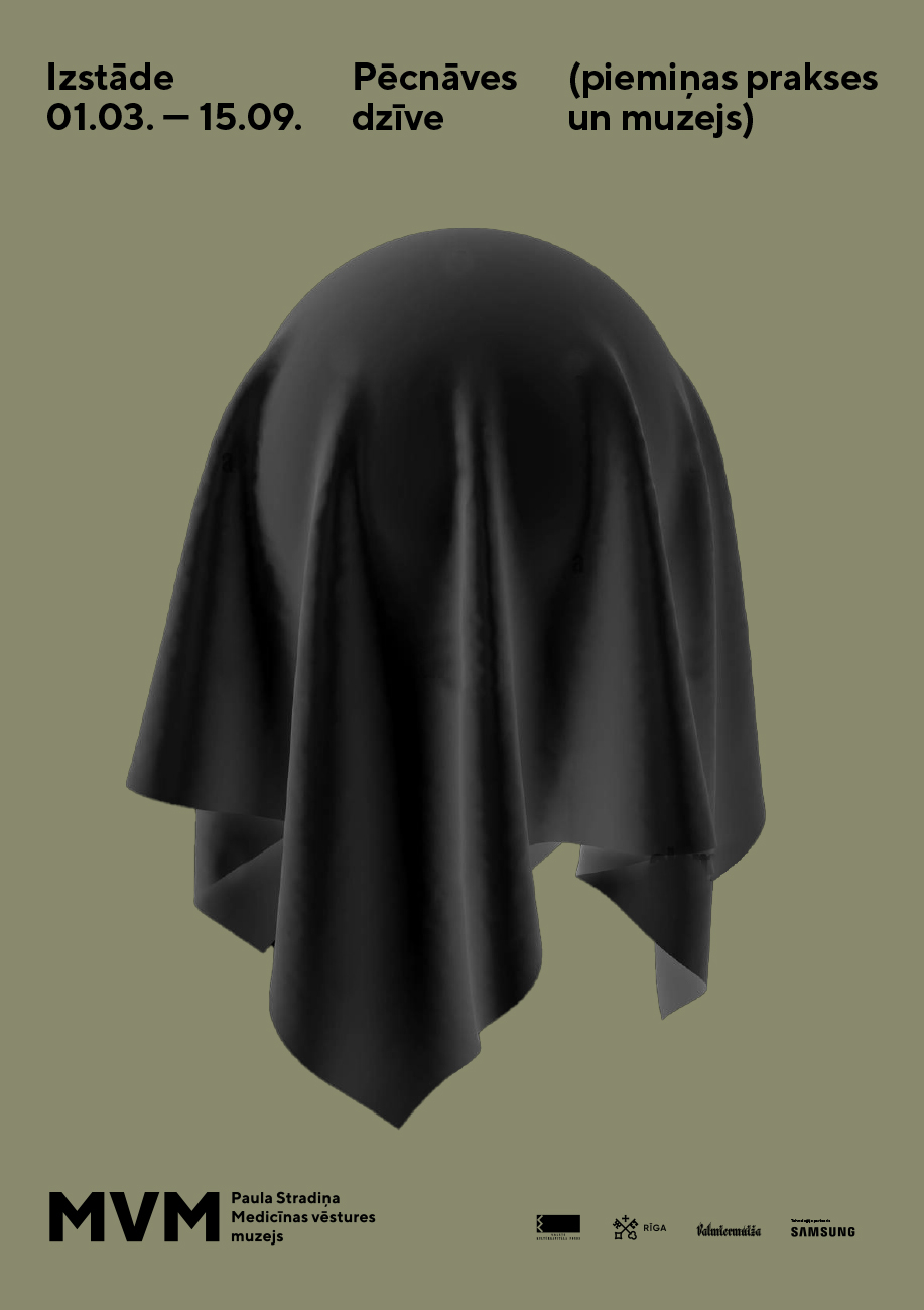 Exhibition poster with black fabric draped over the invisible figure to form a ghost-like shape, set against a dark green background with white and black text advertising event dates and sponsors.