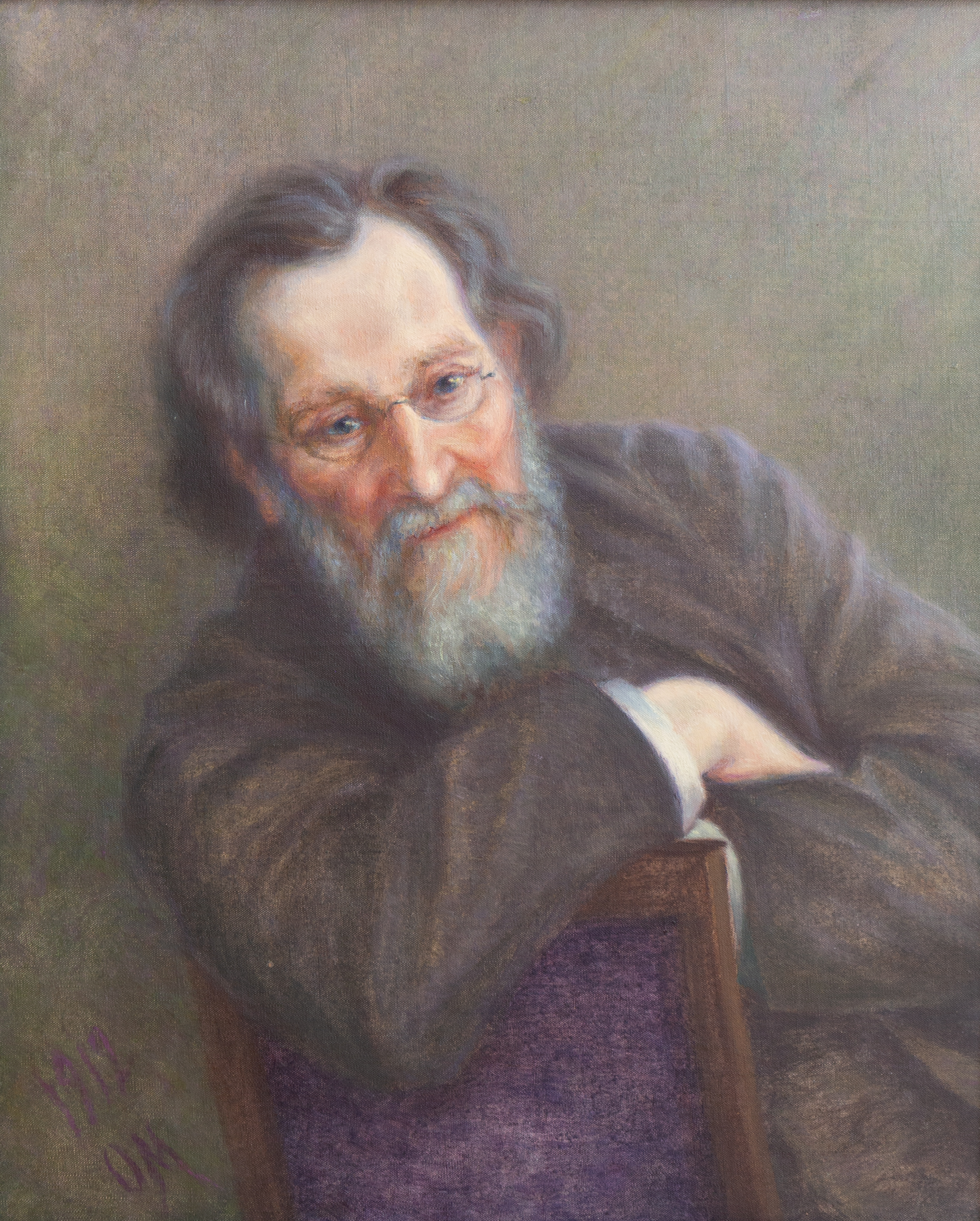 Portrait painting of Ilya Mechnikov. He is sitting on a chair and resting his elbow on the back of it, half-turned and looking straight ahead.