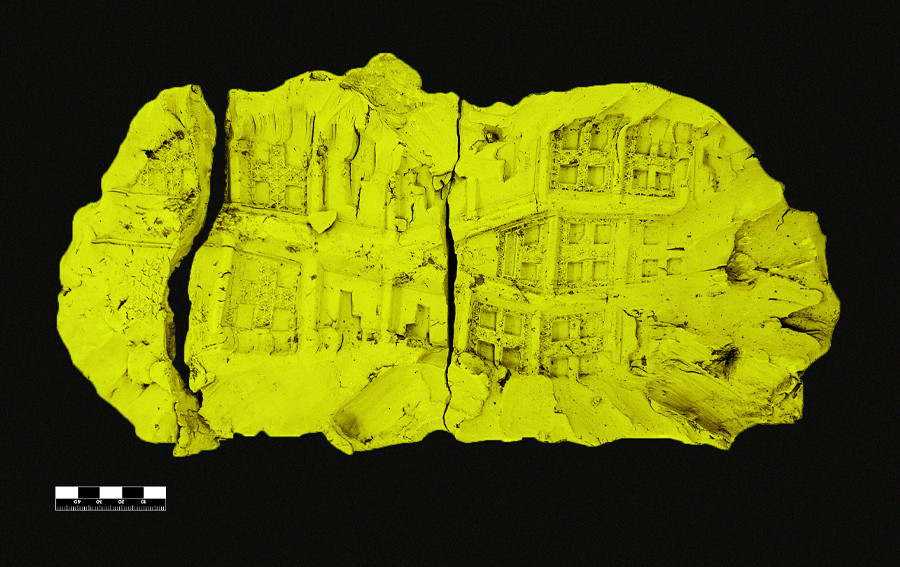 Shoe print fossil colored neon yellow on a black background.